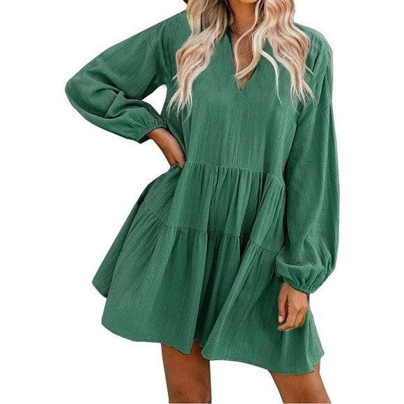 Shift Dress with Pockets Bell Sleeve Ruffle Hem V Neck Loose Swing Tunic Dress